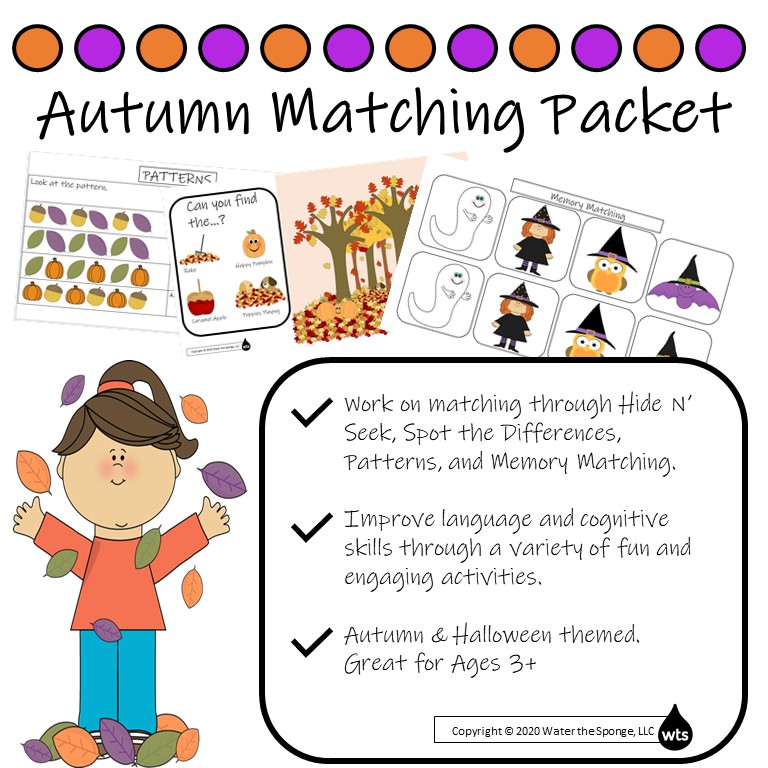Teachers Pay Teachers advertisement for Autumn Matching Packet that helps boost children's speech and language development.